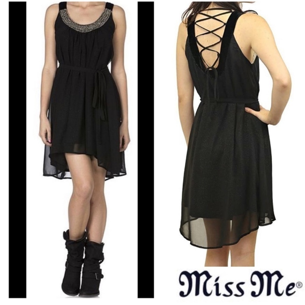 Miss ME Beaded Neckline Chiffon Lace Back Dress